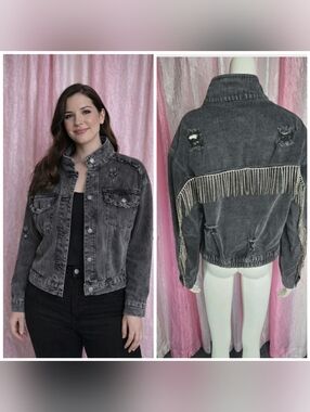 POL Rhinestone Fringe Distressed Black Frayed Oversized Denim Jacket Size S/M